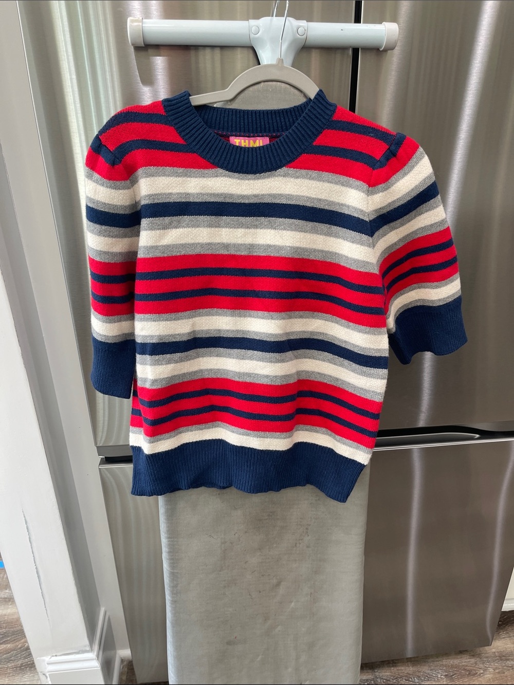 THML Red, Navy & Cream Striped Short-Sleeve Knit Sweater
